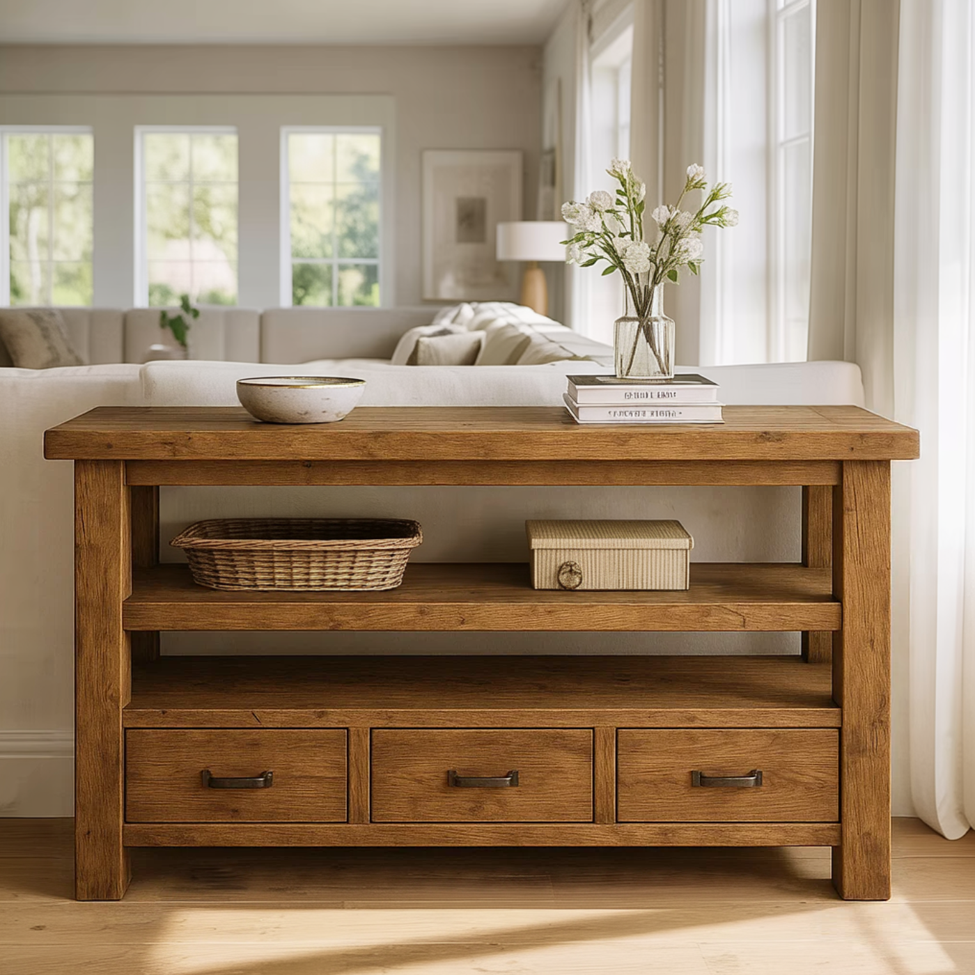 Handcrafted Solid Wood Console Table – Farmhouse Style with Three Storage Drawers Lynnsnail