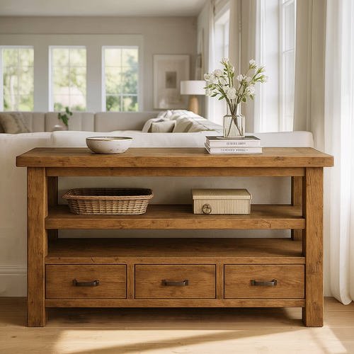 Handcrafted Solid Wood Console Table – Farmhouse Style with Three Storage Drawers Lynnsnail