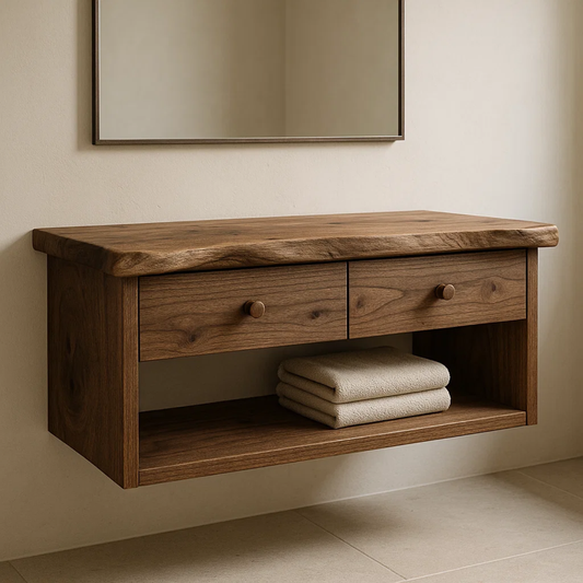 Handcrafted Solid Wood Floating Vanity - Live Edge Walnut Console with 2 Drawers & Open Shelf Lynnsnail