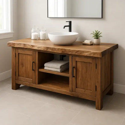 Handcrafted Solid Walnut Bathroom Vanity – Live Edge Wood Countertop with Double Cabinets & Open Shelf – Modern Rustic Design for Warm Spaces Lynnsnail