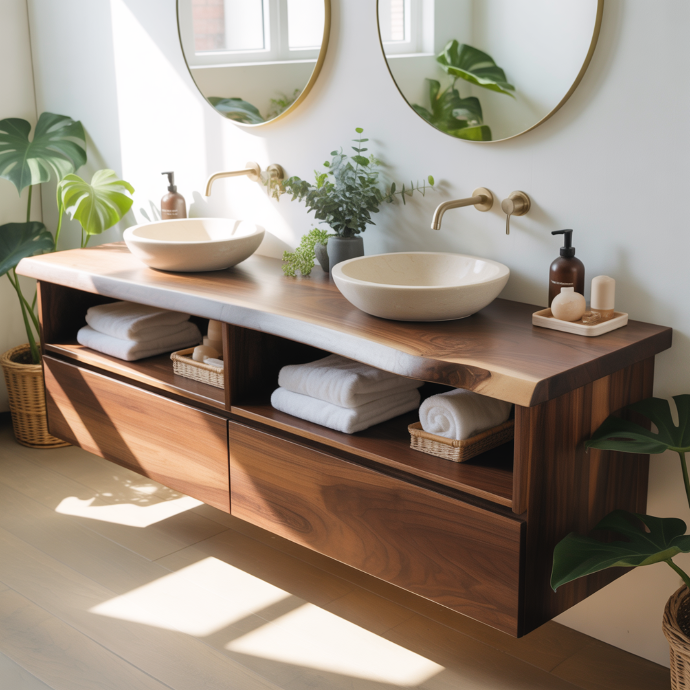Handcrafted Solid Wood Floating Bathroom Vanity with Open Shelves & Soft-Close Drawers Lynnsnail
