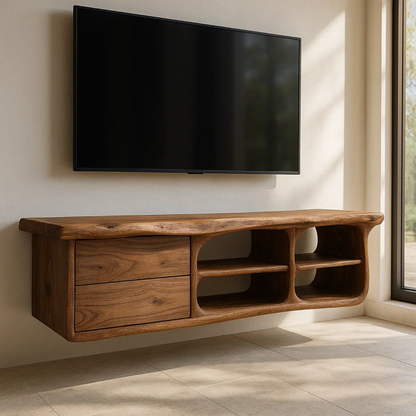 Handcrafted Solid Wood Floating TV Stand with Live Edge - Rustic Modern Media Console Lynnsnail