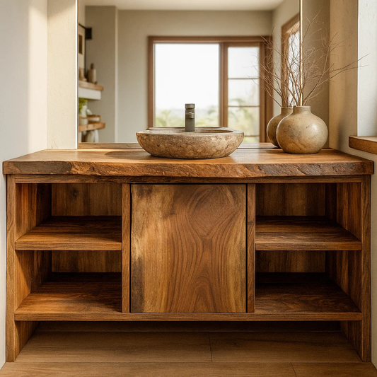 Handcrafted Solid Wood Bathroom Vanity with Central Sliding Door & Open Storage Shelves Lynnsnail