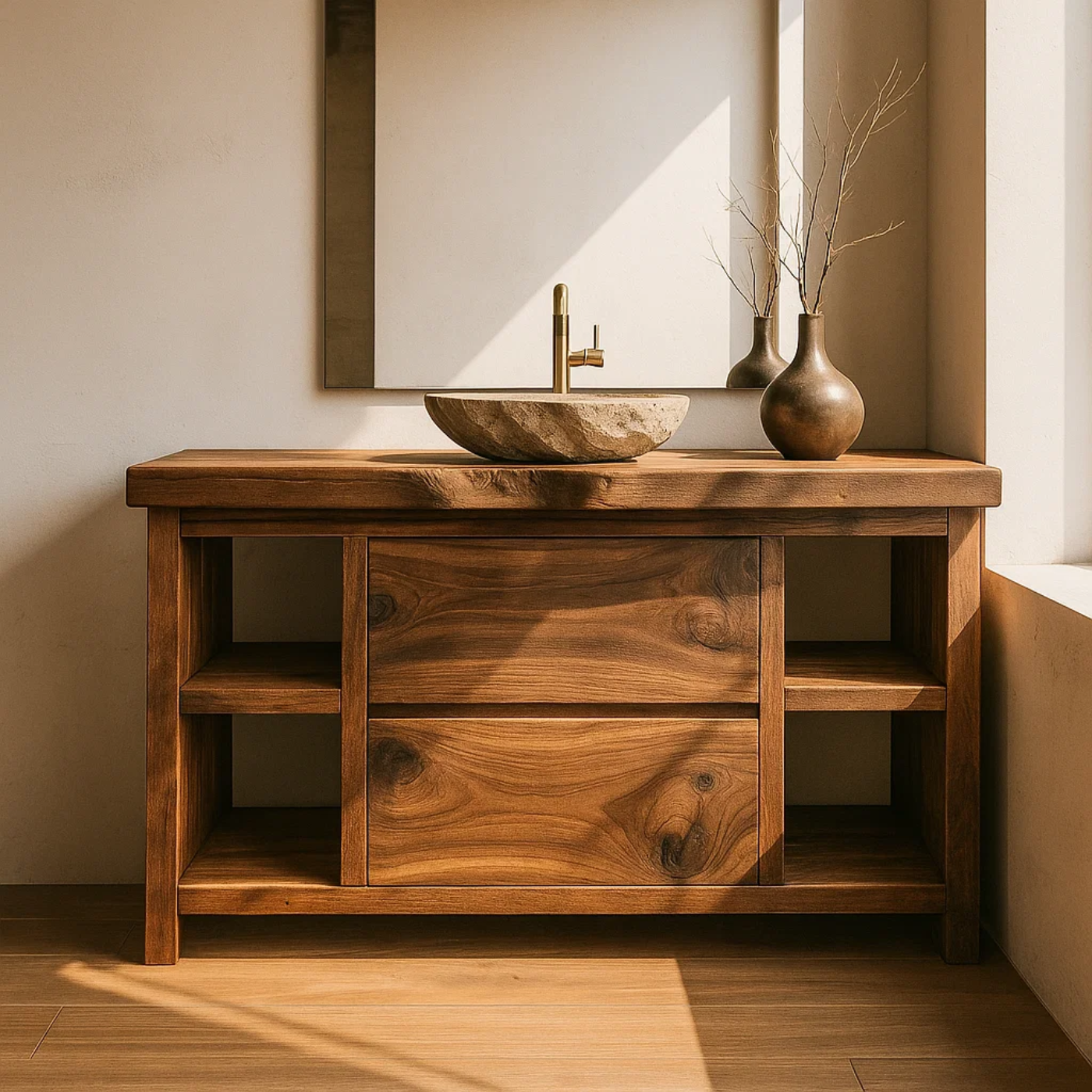 Handcrafted Solid Wood Bathroom Vanity with Live Edge Top and Curved Drawer Design Lynnsnail