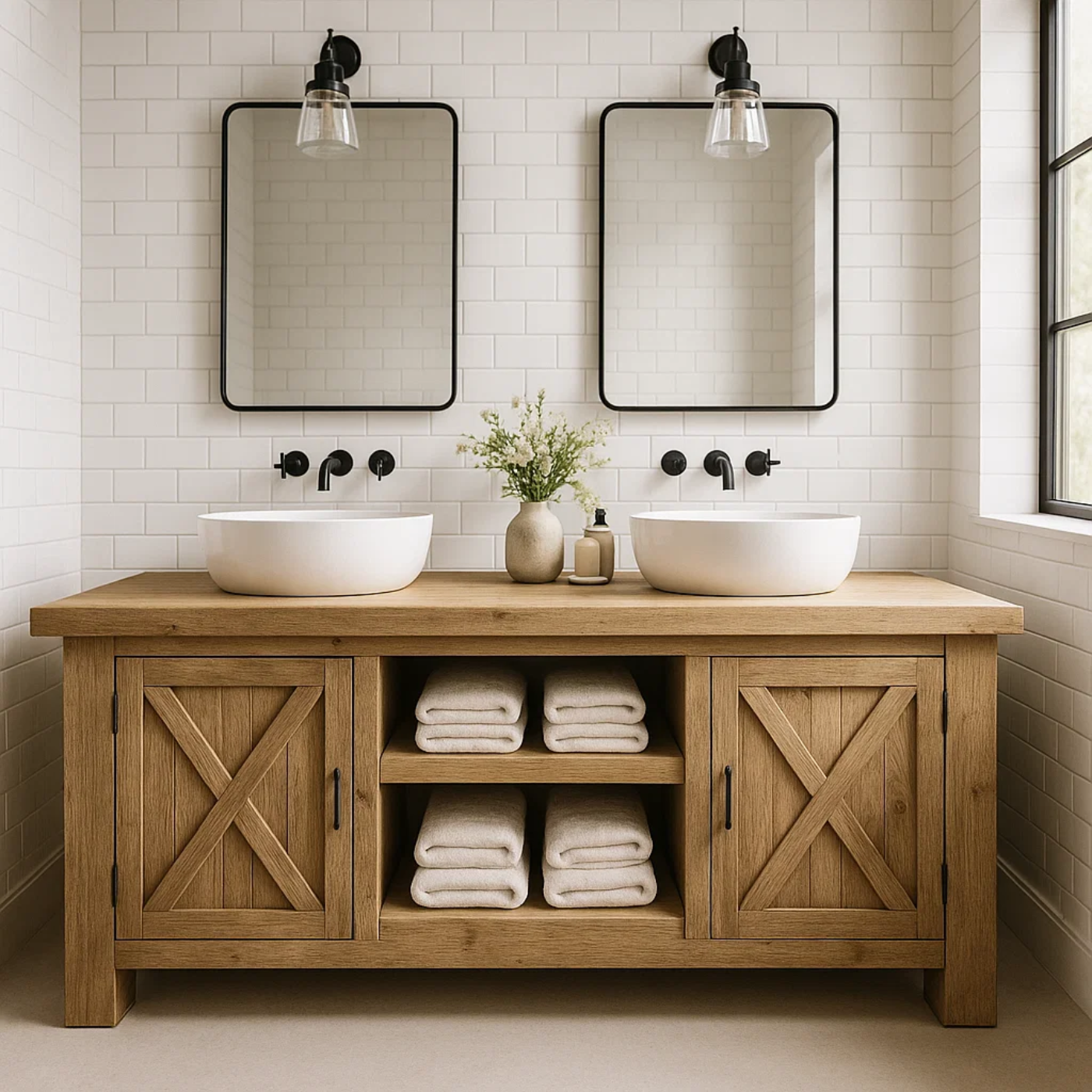 Handcrafted Solid Wood Bathroom Vanity - Farmhouse Double Sink Cabinet - Rustic Oak Storage Furniture Lynnsnail