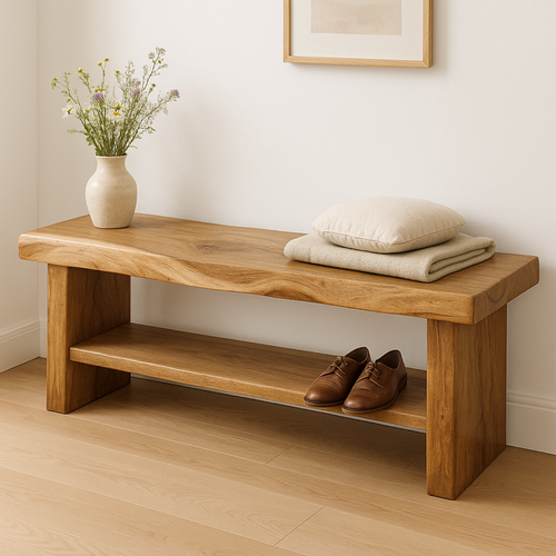 Handcrafted Solid Wood Bench – Live Edge Entryway Seating with Storage Shelf Lynnsnail