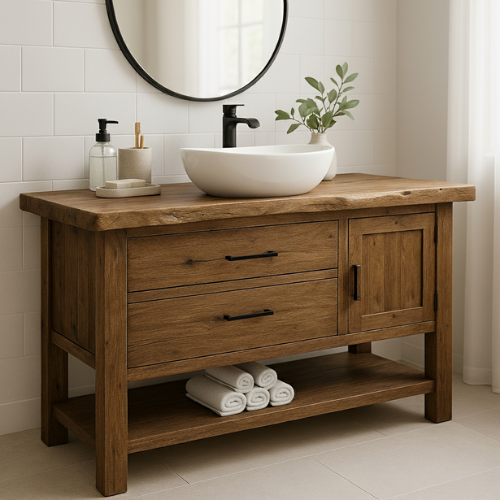 Handcrafted Solid Wood Bathroom Vanity with Live Edge Countertop and Open Shelf Lynnsnail