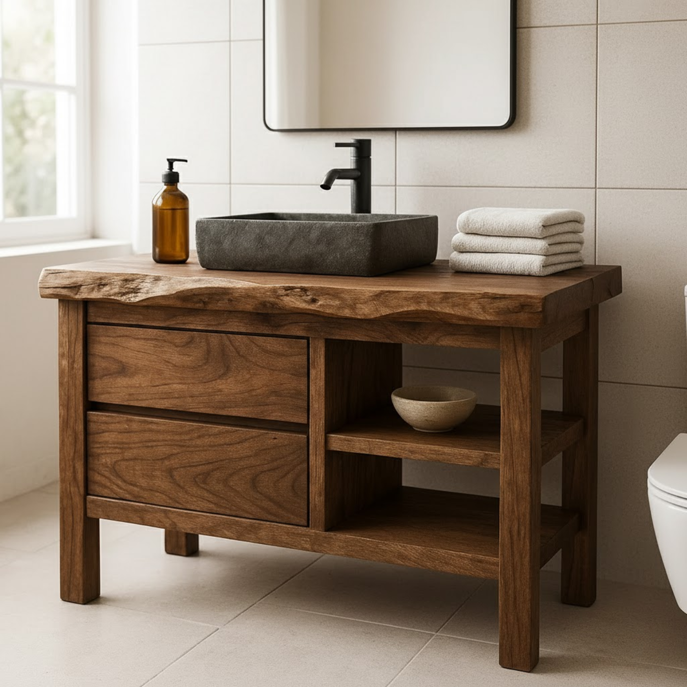 Handcrafted Solid Wood Bathroom Vanity with Live Edge Top and Open Shelf Lynnsnail
