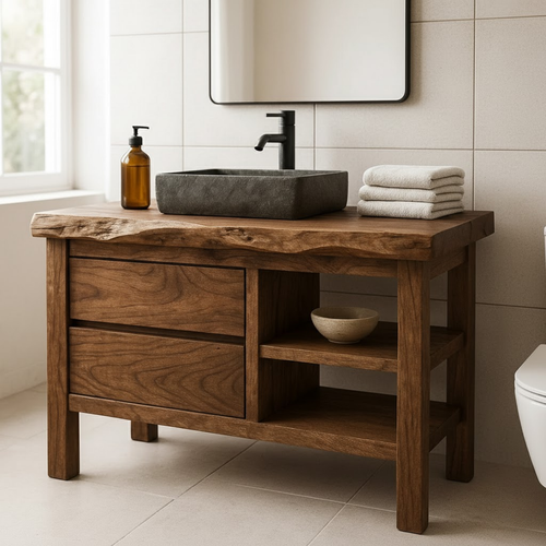 Handcrafted Solid Wood Bathroom Vanity with Live Edge Top and Open Shelf Lynnsnail