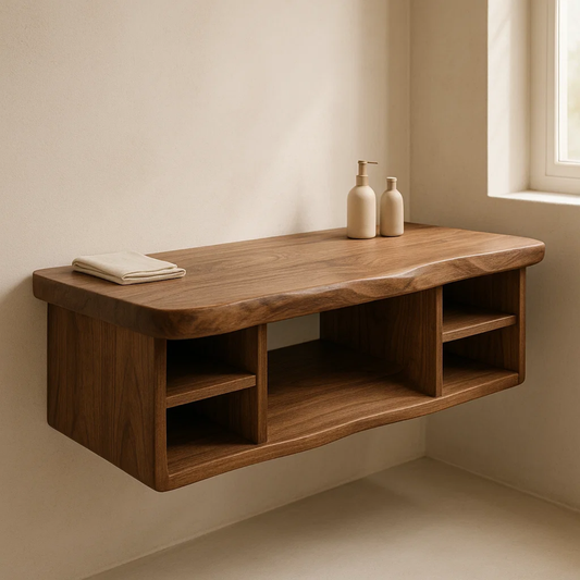 Handcrafted Solid Wood Floating Vanity - All Open Live Edge Console with Display Shelves Lynnsnail