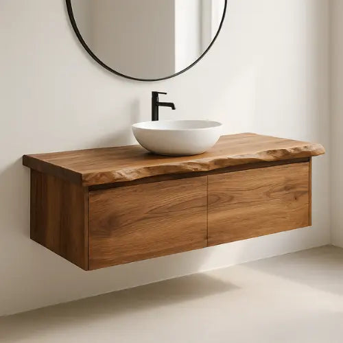 Handcrafted Floating Solid Wood Bathroom Vanity – Live Edge Countertop with Hidden Drawers – Modern Rustic Wall-Mount Design Lynnsnail