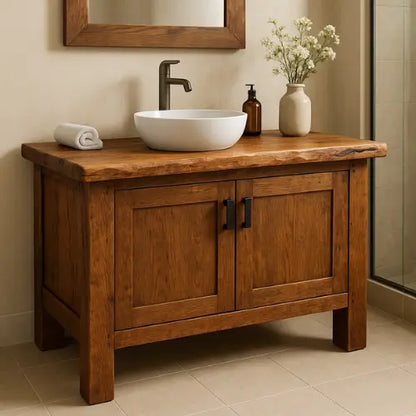 Handcrafted Solid Oak Bathroom Vanity – Live Edge Countertop with Double Doors – Rustic Modern Wood Design for Warm Natural Bathroom Interiors Lynnsnail