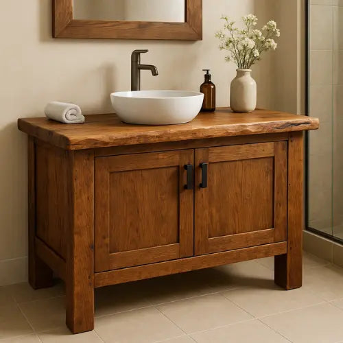 Handcrafted Solid Oak Bathroom Vanity – Live Edge Countertop with Double Doors – Rustic Modern Wood Design for Warm Natural Bathroom Interiors Lynnsnail