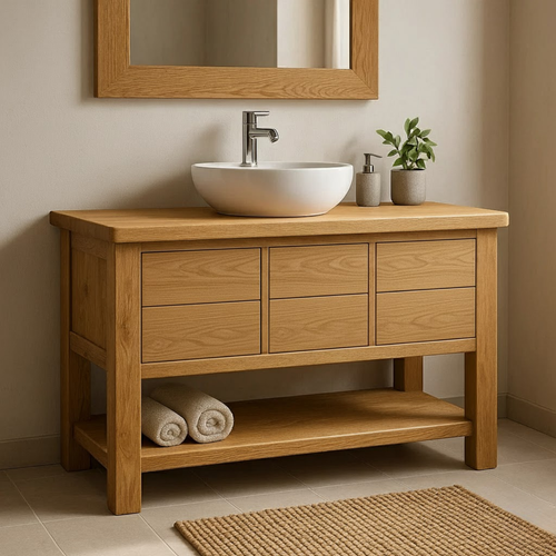 Handcrafted Solid Wood Bathroom Vanity with Oak Finish and Open Shelf Lynnsnail