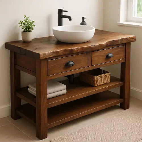 Handcrafted Solid Wood Bathroom Vanity – Live Edge Top with 2 Drawers and Open Shelving Lynnsnail