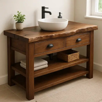 Handcrafted Solid Wood Bathroom Vanity – Live Edge Top with 2 Drawers and Open Shelving Lynnsnail