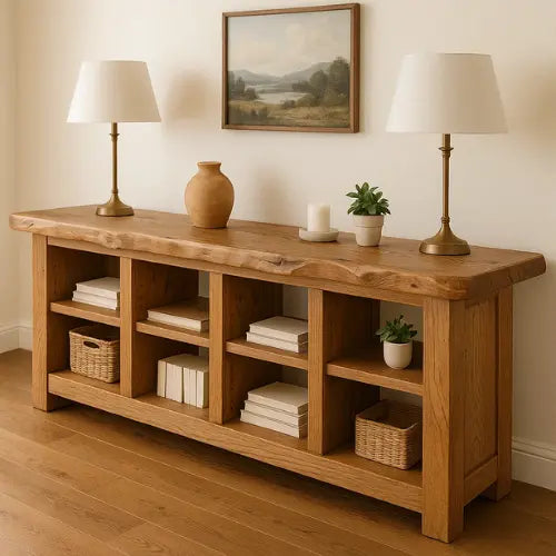 Handcrafted Solid Wood Live Edge Console Table – Rustic Oak with Open Cubby Shelves Lynnsnail