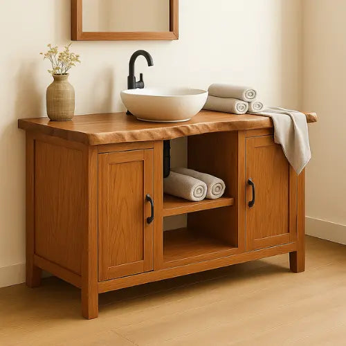 Handcrafted Solid Wood Bathroom Vanity – Live Edge Top with Dual Cabinets and Open Shelf Lynnsnail