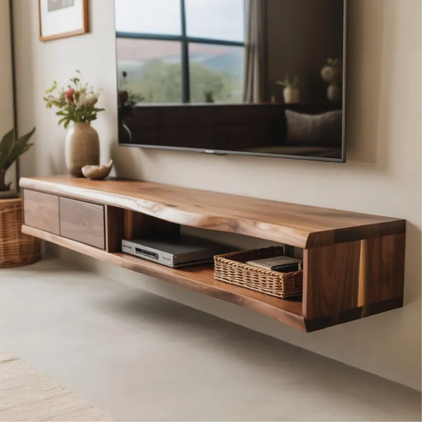 Handcrafted Solid Wood Floating TV Stand, Live Edge Media Console, Wall-Mounted Lynnsnail