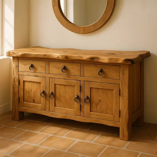 Handcrafted Solid Wood Live Edge Console Table – Rustic Oak with Drawers and Cabinet Doors Lynnsnail