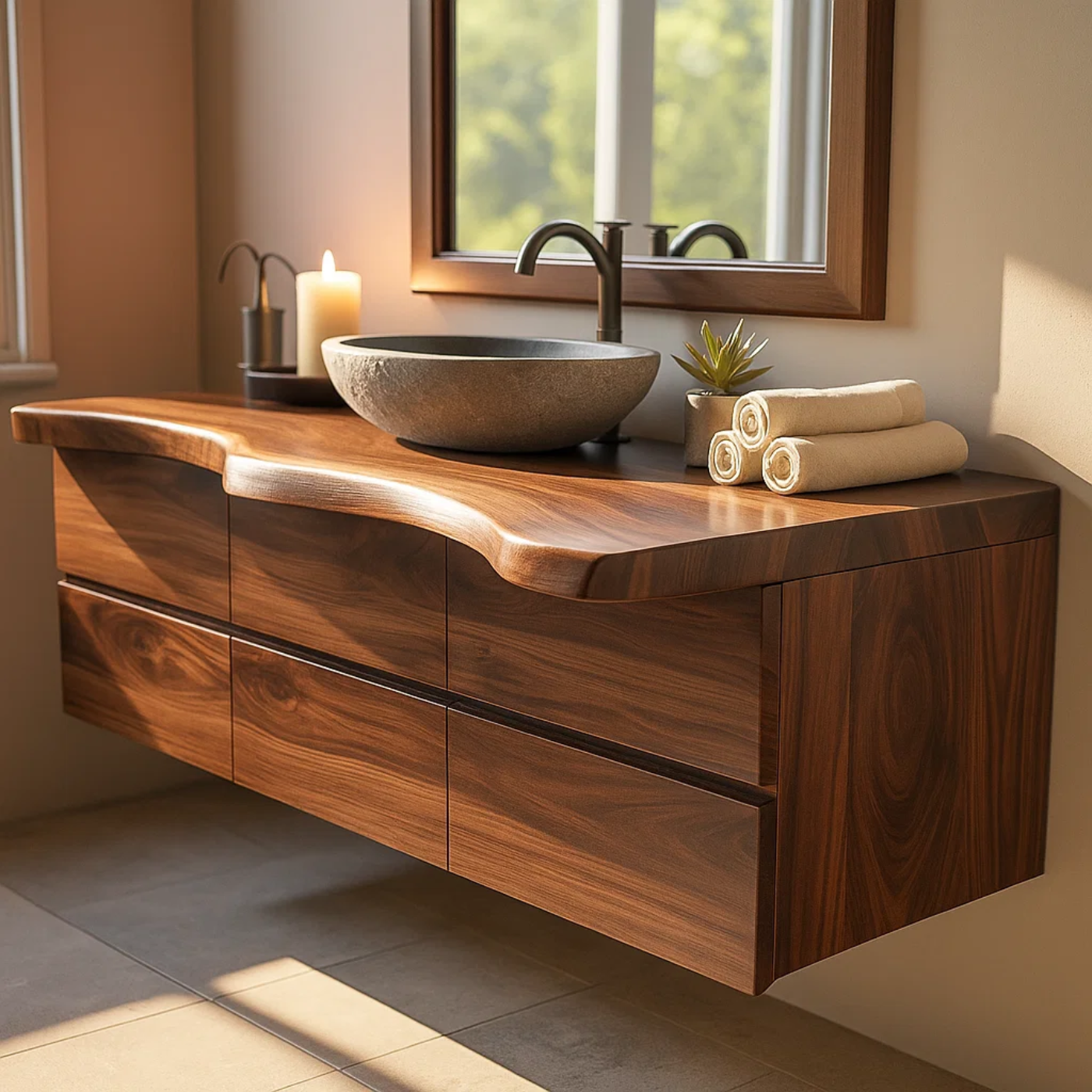 Handcrafted Solid Wood Vanity - Wide Floating Live Edge Cabinet with Drawers Lynnsnail