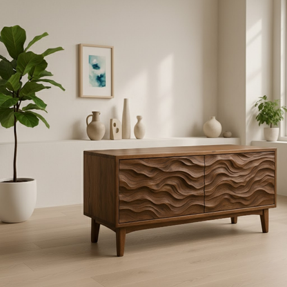 Handcrafted Solid Wood TV Stand – Sculptural Wave Front Credenza for Modern Organic Interiors