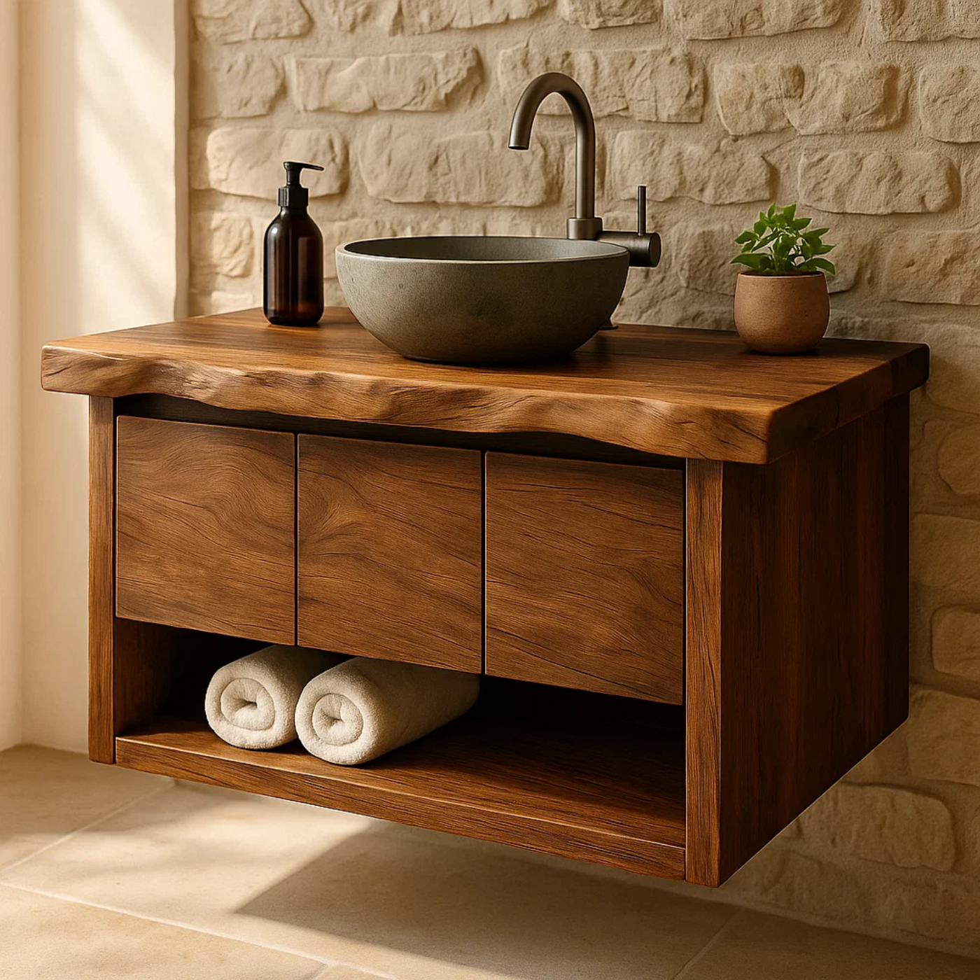 Handcrafted Solid Wood Floating Bathroom Vanity with Live Edge Top - Rustic Modern Washstand Lynnsnail