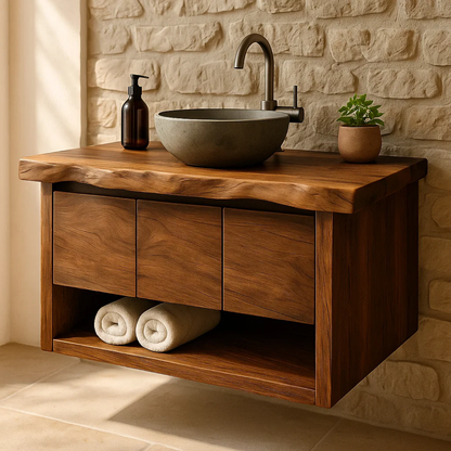 Handcrafted Solid Wood Floating Bathroom Vanity with Live Edge Top - Rustic Modern Washstand Lynnsnail