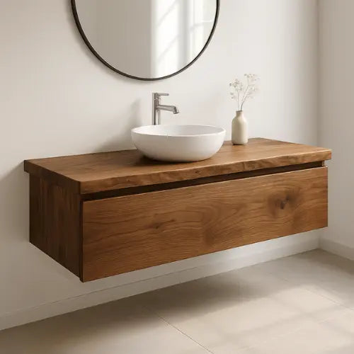 Handcrafted Floating Solid Wood Bathroom Vanity – Modern Live Edge Countertop with Single Drawer – Minimalist Natural Finish Lynnsnail