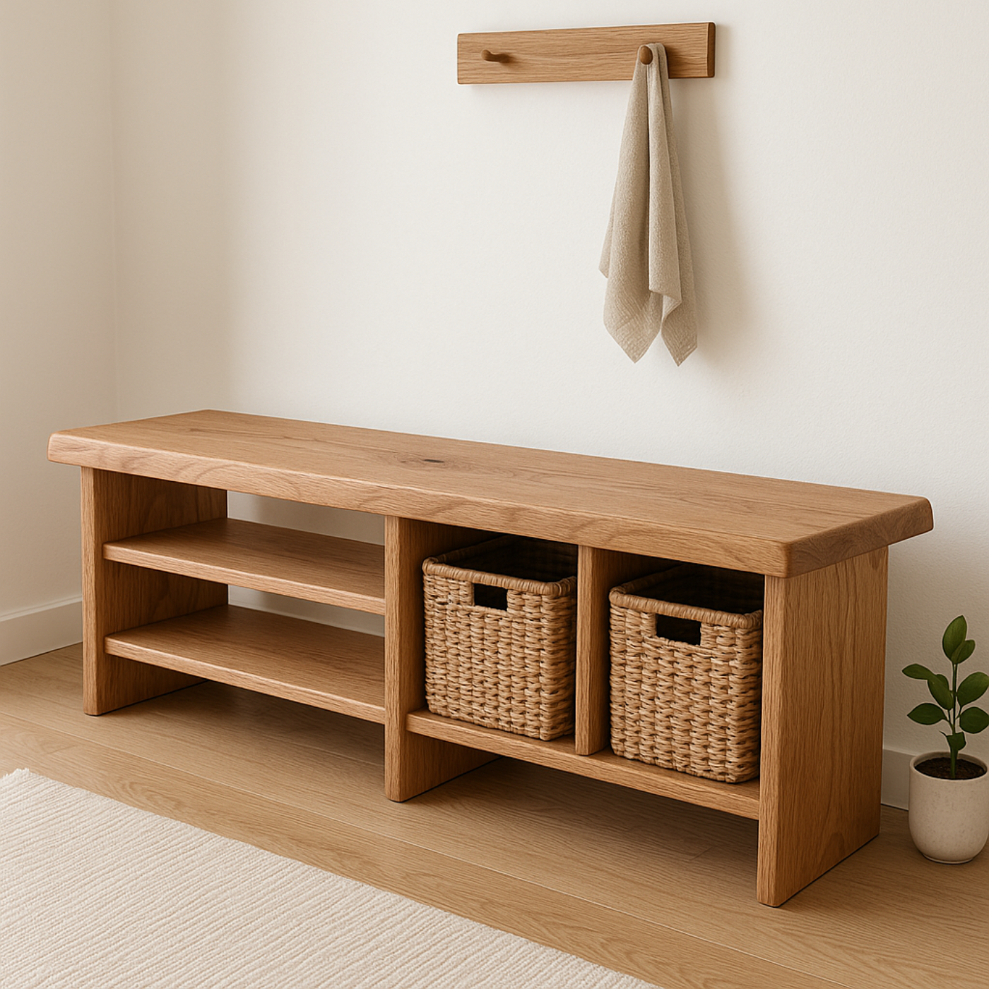 Handcrafted Solid Wood Bench – Minimalist Seating with Open Cubby Organiser Lynnsnail
