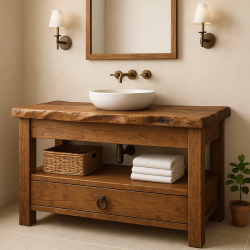 Handcrafted Live Edge Bathroom Vanity – Solid Wood Design with Drawer & Open Shelf – Rustic Farmhouse Vanity for Natural Modern Interiors Lynnsnail