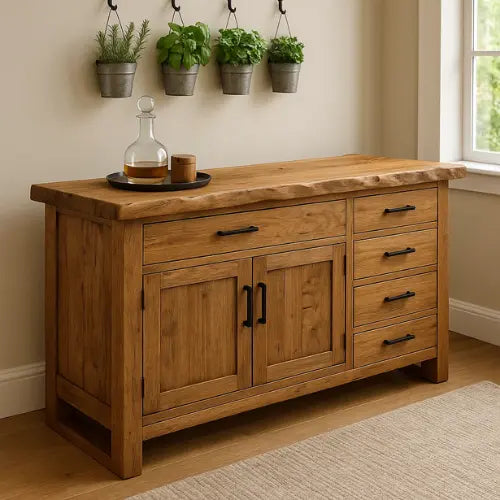 Handcrafted Solid Wood Live Edge Console Table – Natural Oak with Drawers and Cabinet Storage Lynnsnail