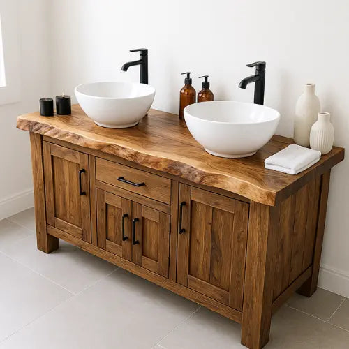 Handcrafted Solid Wood Double Sink Bathroom Vanity – Rustic Live Edge Countertop with Cabinets & Center Drawer – Farmhouse Natural Finish Lynnsnail