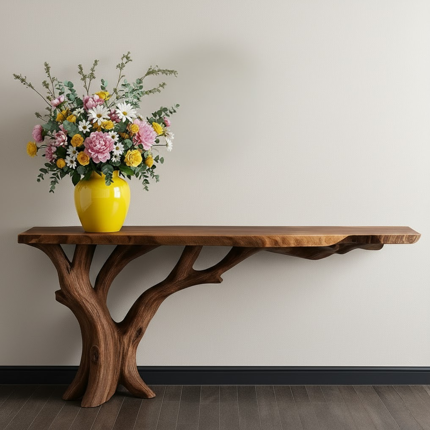 Handcrafted Solid Wood Console Table with Organic Branch Base and Live Edge Top Lynnsnail
