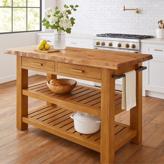 Handcrafted Solid Wood Kitchen Island - Slatted Shelves & Towel Bar