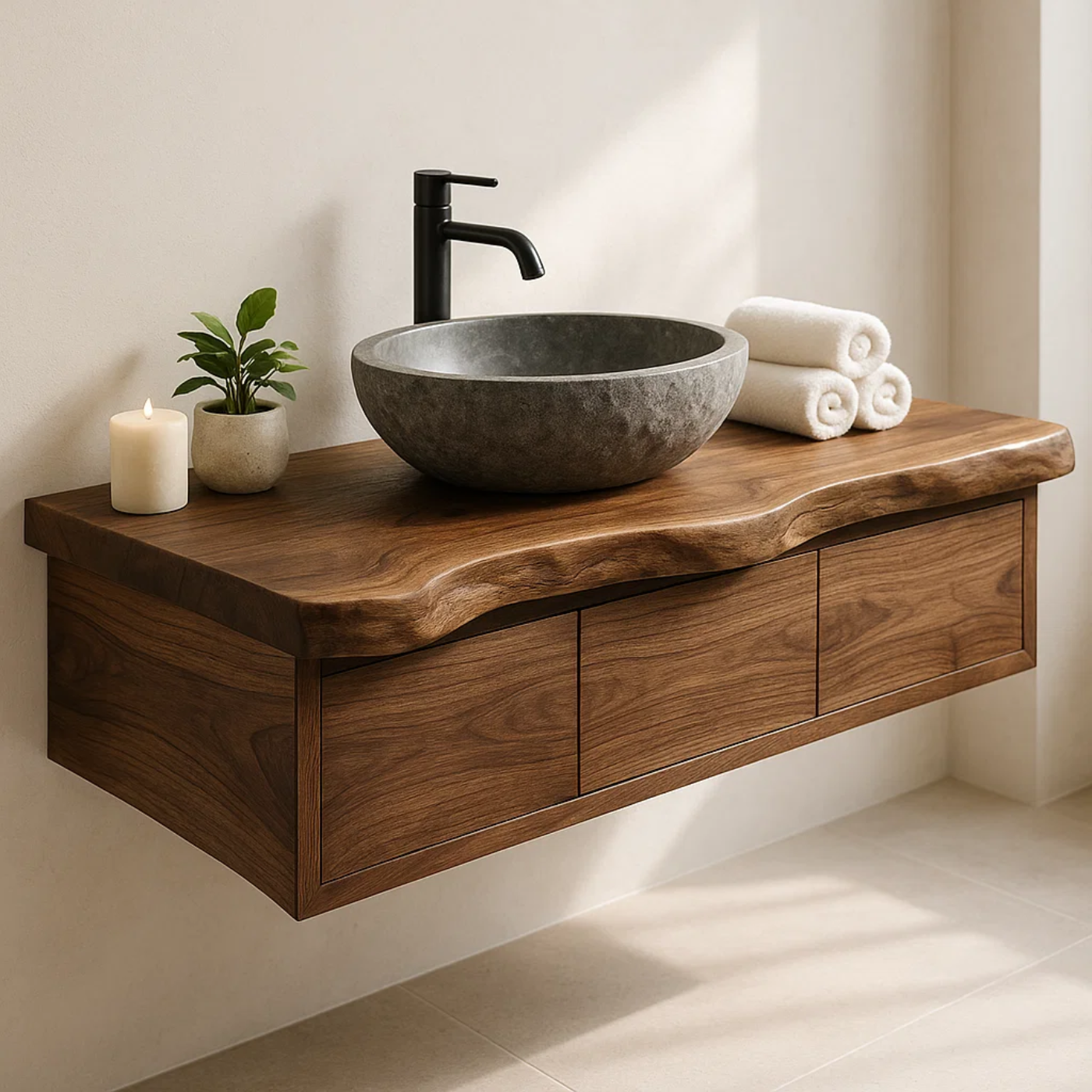 Handcrafted Solid Wood Floating Vanity - Live Edge Wall-Mounted Cabinet Lynnsnail