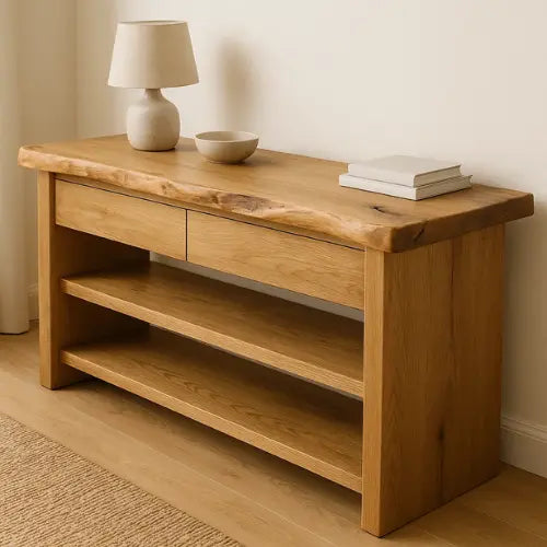 Handcrafted Solid Wood Live Edge Console Table – Natural Oak with Drawers and Open Shelves Lynnsnail
