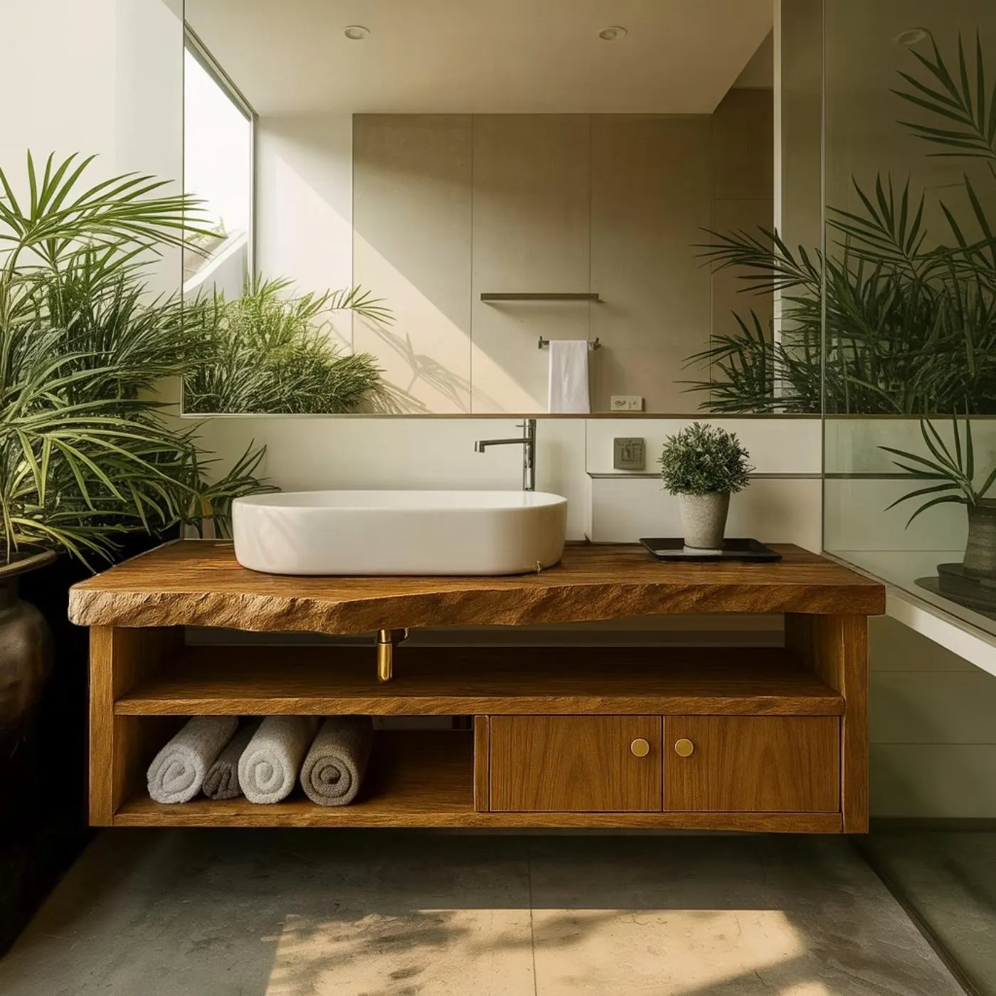 Handcrafted Solid Wood Floating Vanity, Organic Live Edge Bathroom Console with Storage Lynnsnail