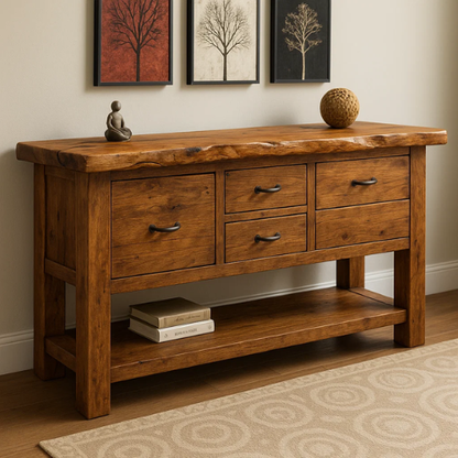 Handcrafted Solid Wood Live Edge Console Table – Rustic Oak Design with Multiple Drawers and Bottom Shelf Lynnsnail