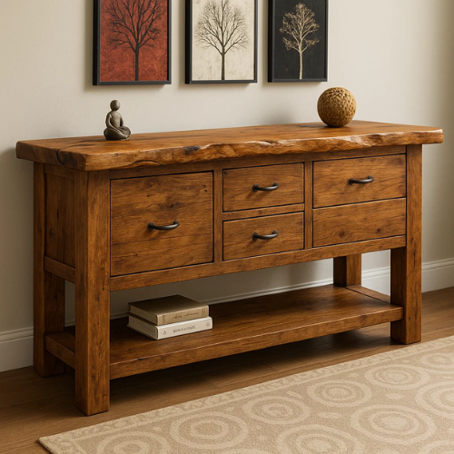 Handcrafted Solid Wood Live Edge Console Table – Rustic Oak Design with Multiple Drawers and Bottom Shelf Lynnsnail