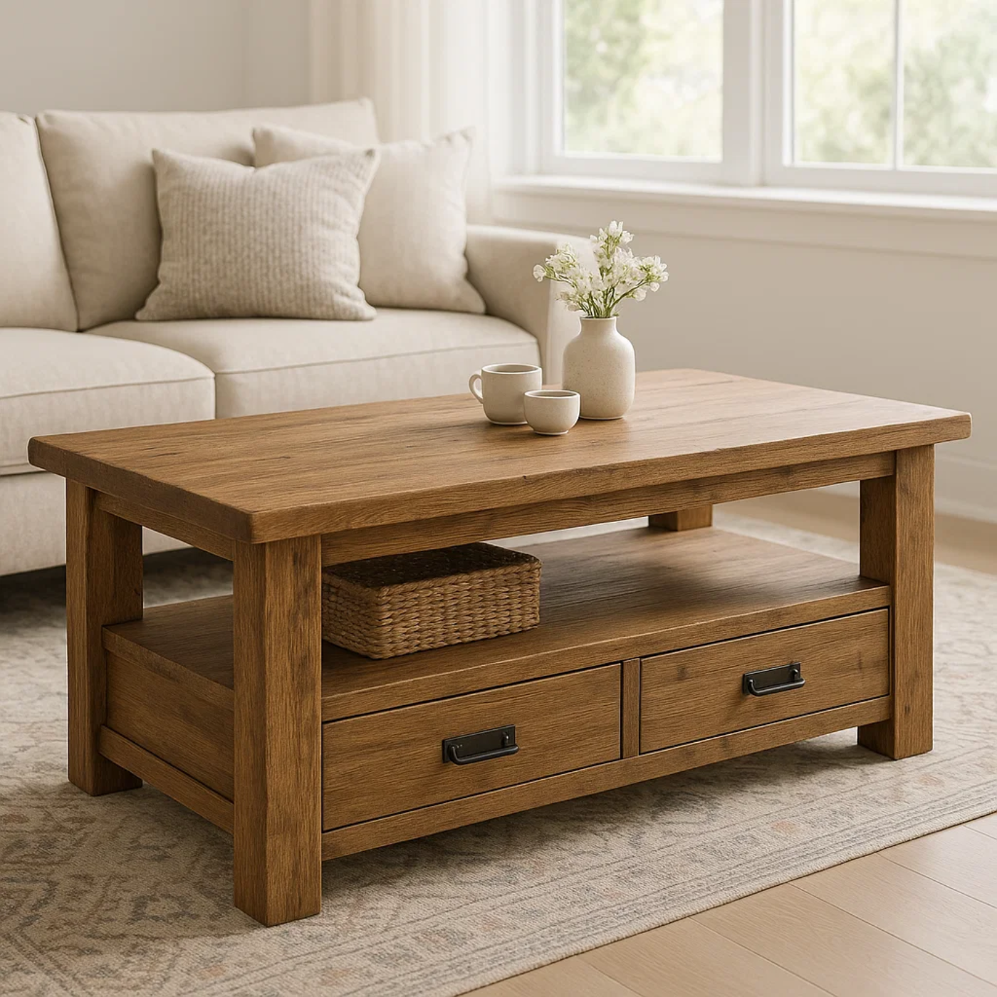 Handcrafted Solid Wood Coffee Table – Rustic Farmhouse Storage with Two Drawers and Shelf Lynnsnail