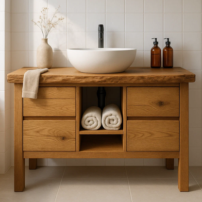 Handcrafted Solid Wood Bathroom Vanity - Live Edge Top with Drawers & Open Shelf Storage Lynnsnail