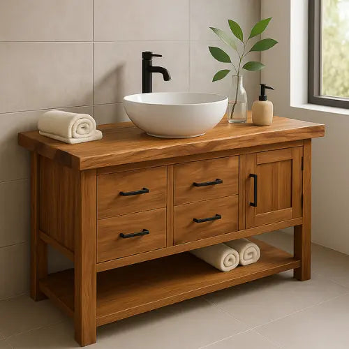 Handcrafted Solid Oak Bathroom Vanity – Live Edge Countertop with Drawers & Cabinet – Modern Rustic Wood Design for Warm, Natural Bathrooms Lynnsnail