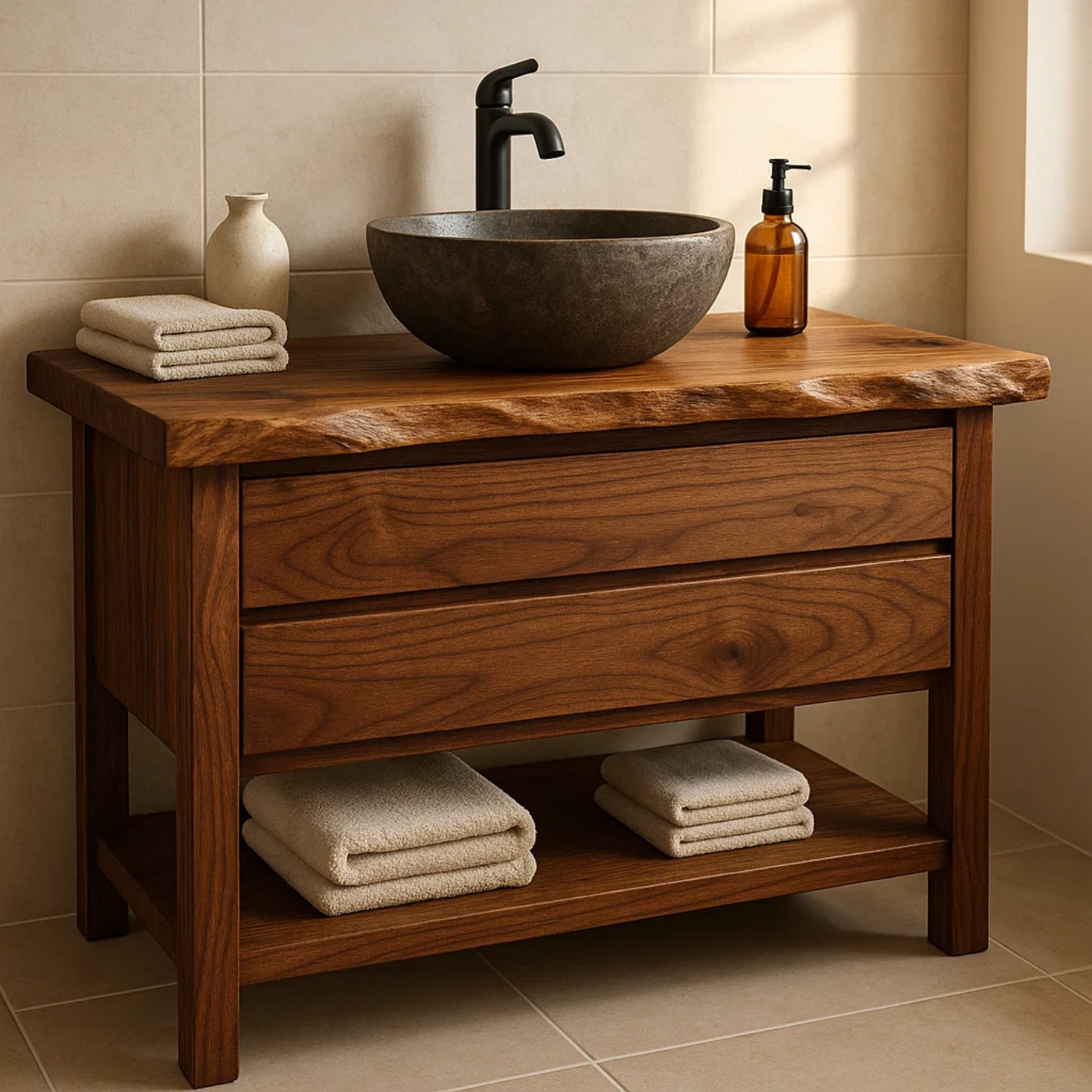 Handcrafted Solid Wood Bathroom Vanity - Live Edge Dark Wood Cabinet & Open Shelf Lynnsnail