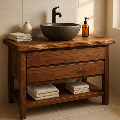 Handcrafted Solid Wood Bathroom Vanity - Live Edge Dark Wood Cabinet & Open Shelf Lynnsnail