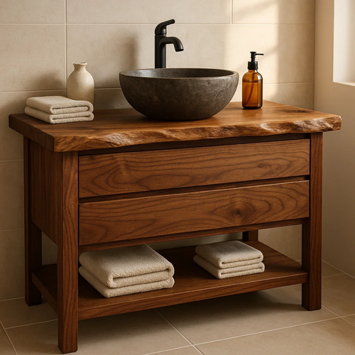 Handcrafted Solid Wood Bathroom Vanity - Live Edge Dark Wood Cabinet & Open Shelf Lynnsnail