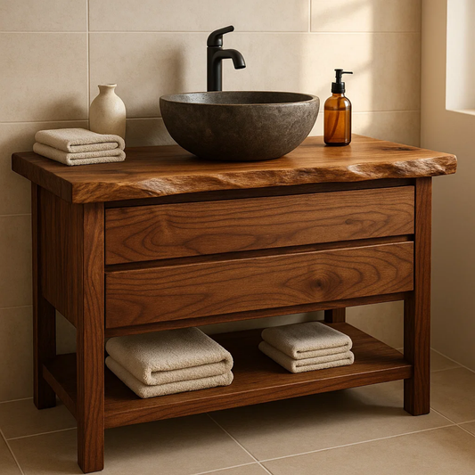 Handcrafted Solid Wood Bathroom Vanity - Live Edge Dark Wood Cabinet & Open Shelf Lynnsnail