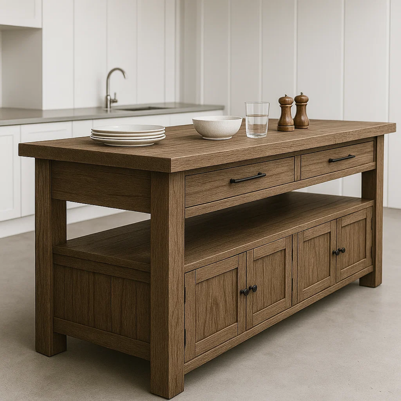 Handcrafted Solid Wood Kitchen Island - Long Design, Drawers & Cabinets