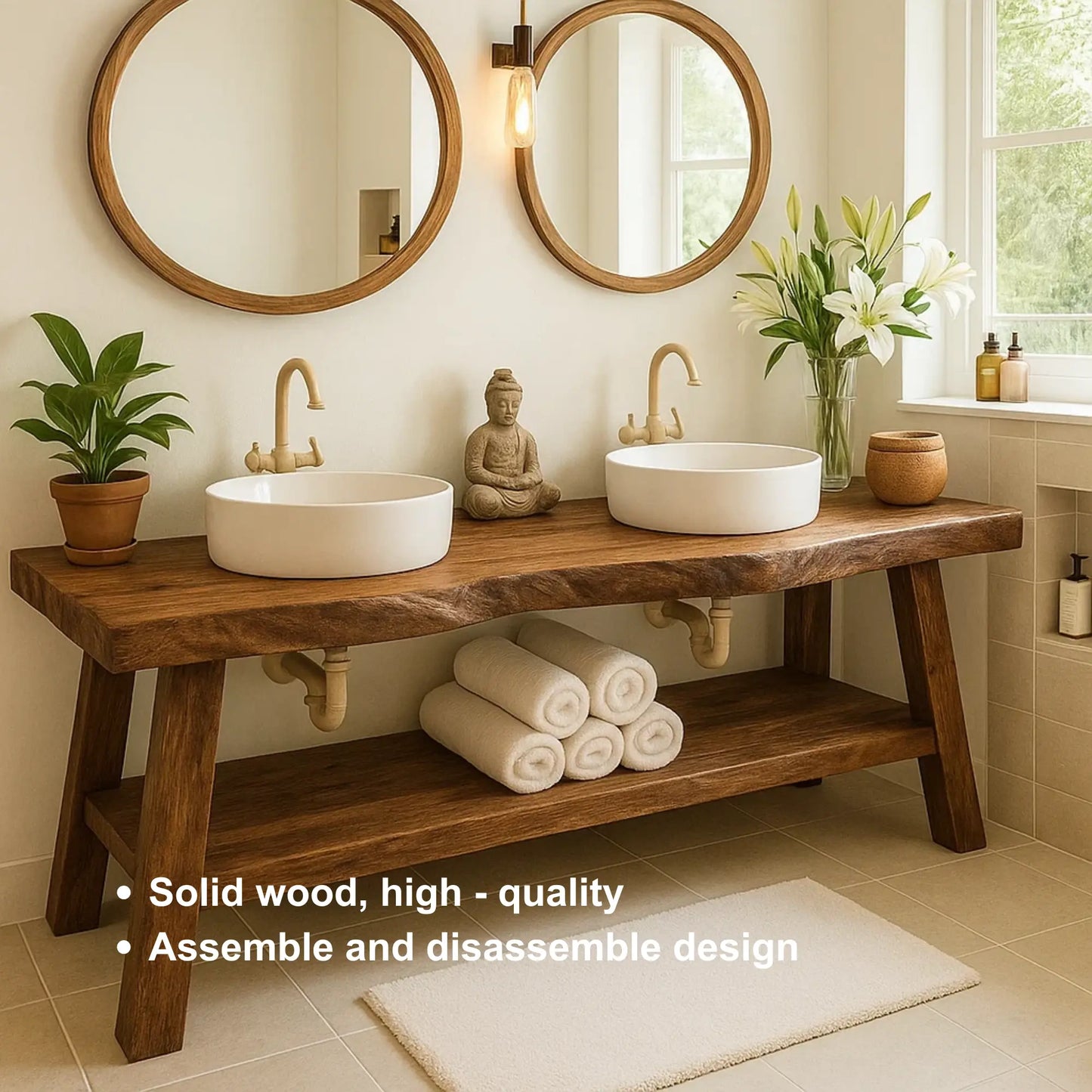 Handcrafted Double Solid Wood Bathroom Vanity with Drawers and Slatted Shelf for Modern Homes Lynnsnail