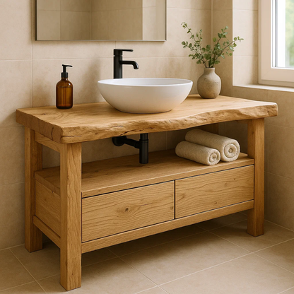Handcrafted Solid Wood Bathroom Vanity - Live Edge Rustic Stand with Drawers & Shelf Lynnsnail